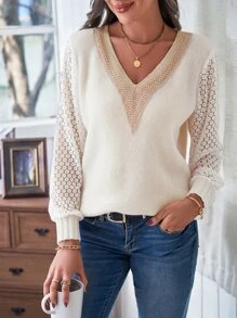 SHEIN LUNE Pointelle Knit Sleeve Jumper - Beige - View 5