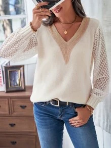 SHEIN LUNE Pointelle Knit Sleeve Jumper - Beige - View 6