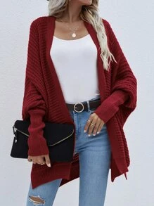 SHEIN LUNE Batwing Sleeve Split Hem Cardigan - Burgundy - View 1