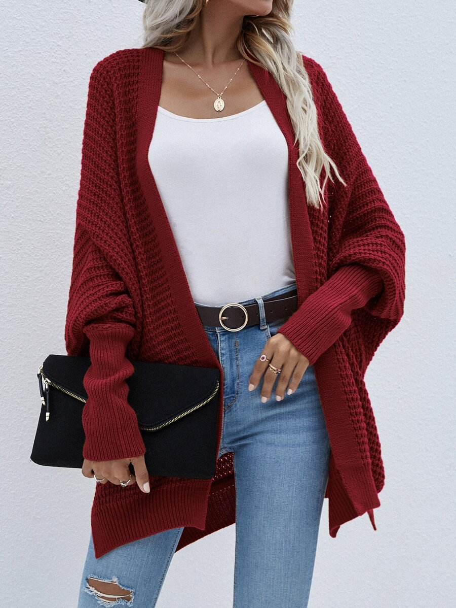 SHEIN LUNE Batwing Sleeve Split Hem Cardigan - Burgundy - View 1