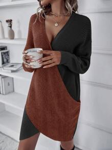 SHEIN LUNE Two Tone Drop Shoulder Crossover Jumper Dress - Multicolor - View 3