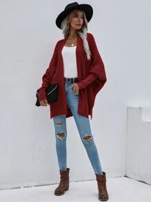 SHEIN LUNE Batwing Sleeve Split Hem Cardigan - Burgundy - View 3