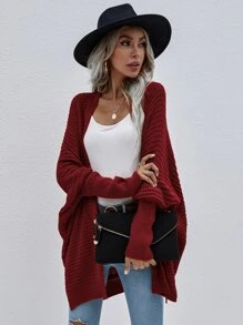 SHEIN LUNE Batwing Sleeve Split Hem Cardigan - Burgundy - View 4