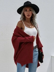 SHEIN LUNE Batwing Sleeve Split Hem Cardigan - Burgundy - View 6