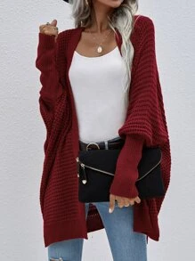 SHEIN LUNE Batwing Sleeve Split Hem Cardigan - Burgundy - View 7