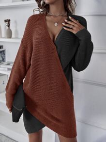 SHEIN LUNE Two Tone Drop Shoulder Crossover Jumper Dress - Multicolor - View 4