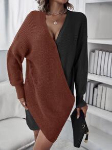 SHEIN LUNE Two Tone Drop Shoulder Crossover Jumper Dress - Multicolor - View 5