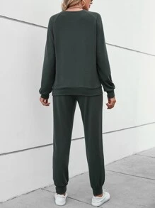 SHEIN LUNE Solid Drop Shoulder Sweatshirt & Joggers - Dark Green - View 2