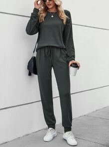 SHEIN LUNE Solid Drop Shoulder Sweatshirt & Joggers - Dark Green - View 3