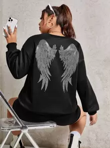 SHEIN EZwear Plus Wing Print Drop Shoulder Sweatshirt - Black - View 1