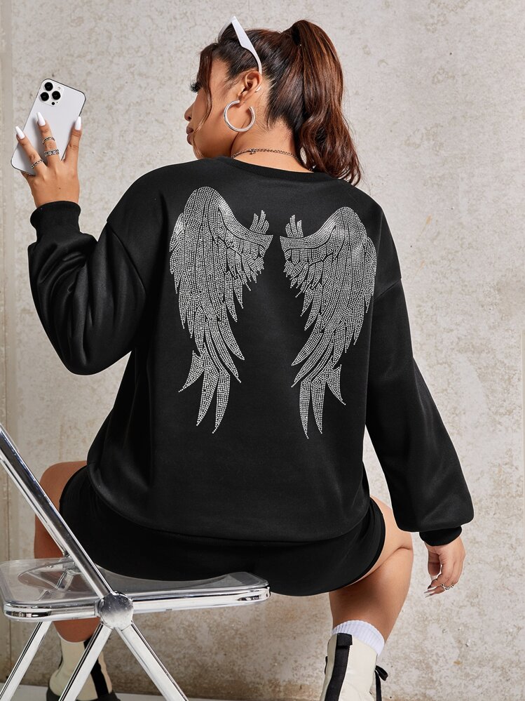 SHEIN EZwear Plus Wing Print Drop Shoulder Sweatshirt - Black - View 1
