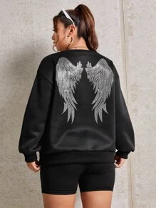 SHEIN EZwear Plus Wing Print Drop Shoulder Sweatshirt - Black - View 5