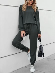 SHEIN LUNE Solid Drop Shoulder Sweatshirt & Joggers - Dark Green - View 5