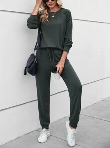 SHEIN LUNE Solid Drop Shoulder Sweatshirt & Joggers - Dark Green - View 6