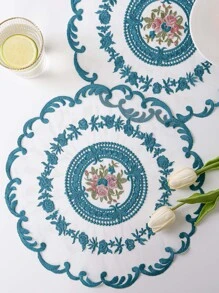 1 pieza/4 piezas Manteles de mesa redondos de encaje floral bordado, resistentes al calor, anti-arañazos, impermeables, adecuados para la cocina, el comedor, la sala de estar, bodas, fiestas, regalos, Navidad - Azul - Ver 1