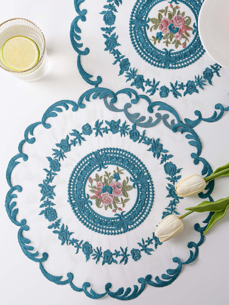 1 件/4 件刺绣花卉蕾丝圆桌垫，耐热、防刮、防水，适用于厨房、餐厅、客厅、婚礼、派对、礼物、圣诞节 - 藍色 - 查看 1