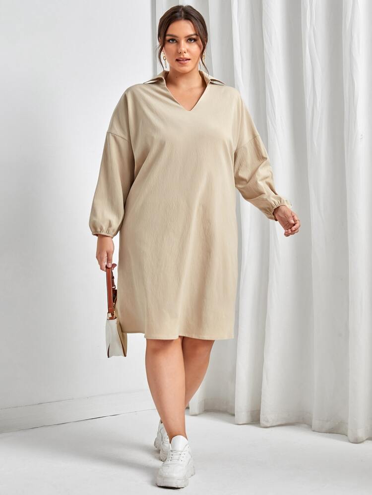 SHEIN EZwear 大碼落肩T恤連衣裙 - 卡其色 - 查看 3