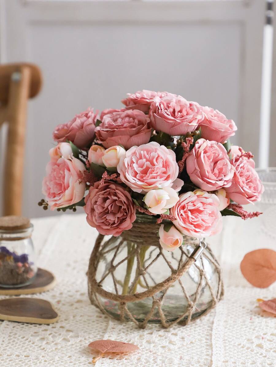 1 件人造玫瑰花束仿花束假牡丹花丝绸玫瑰插花适用于家居装饰、假植物、秋季装饰、房间、书桌、花园装饰、房间装饰桌面摆件 - 彩色 - 查看 1