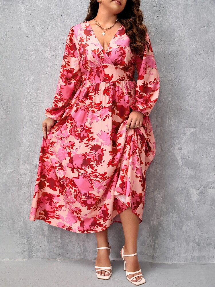 SHEIN Clasi 大碼滿版印花燈籠袖連衣裙 - 粉色 - 查看 1