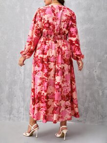 SHEIN Clasi Plus Allover Floral Print Lantern Sleeve Dress - Pink - View 2