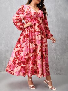 SHEIN Clasi Plus Allover Floral Print Lantern Sleeve Dress - Pink - View 3