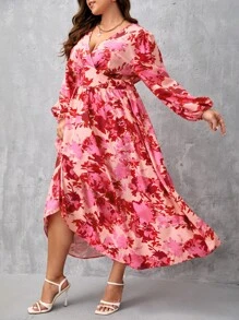 SHEIN Clasi Plus Allover Floral Print Lantern Sleeve Dress - Pink - View 4