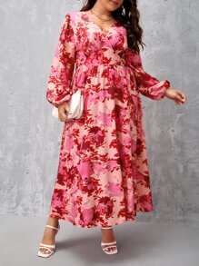 SHEIN Clasi Plus Allover Floral Print Lantern Sleeve Dress - Pink - View 5