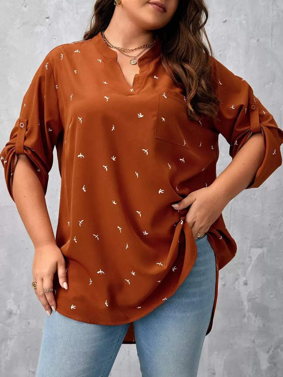 SHEIN LUNE Plus Graphic Print Roll Tab Sleeve High Low Hem Blouse - Brown - View 1