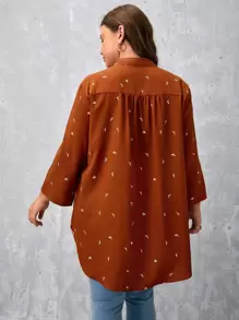 SHEIN LUNE Plus Graphic Print Roll Tab Sleeve High Low Hem Blouse - Brown - View 2