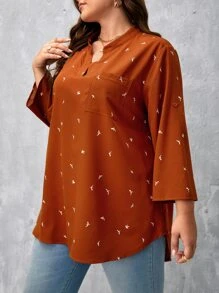 SHEIN LUNE Plus Graphic Print Roll Tab Sleeve High Low Hem Blouse - Brown - View 3