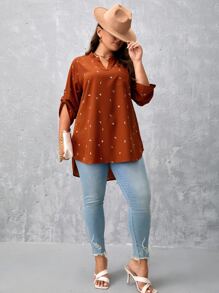 SHEIN LUNE Plus Graphic Print Roll Tab Sleeve High Low Hem Blouse - Brown - View 4