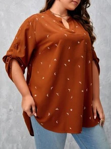 SHEIN LUNE Plus Graphic Print Roll Tab Sleeve High Low Hem Blouse - Brown - View 5