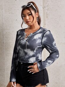 大碼紮染鏈條前繫帶T恤 - 深灰色 - 查看 5