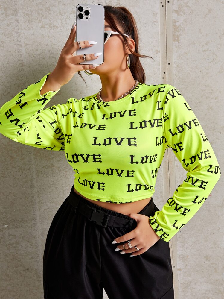 Camiseta corta neón con estampado de letra - Verde Lima - Añade 1