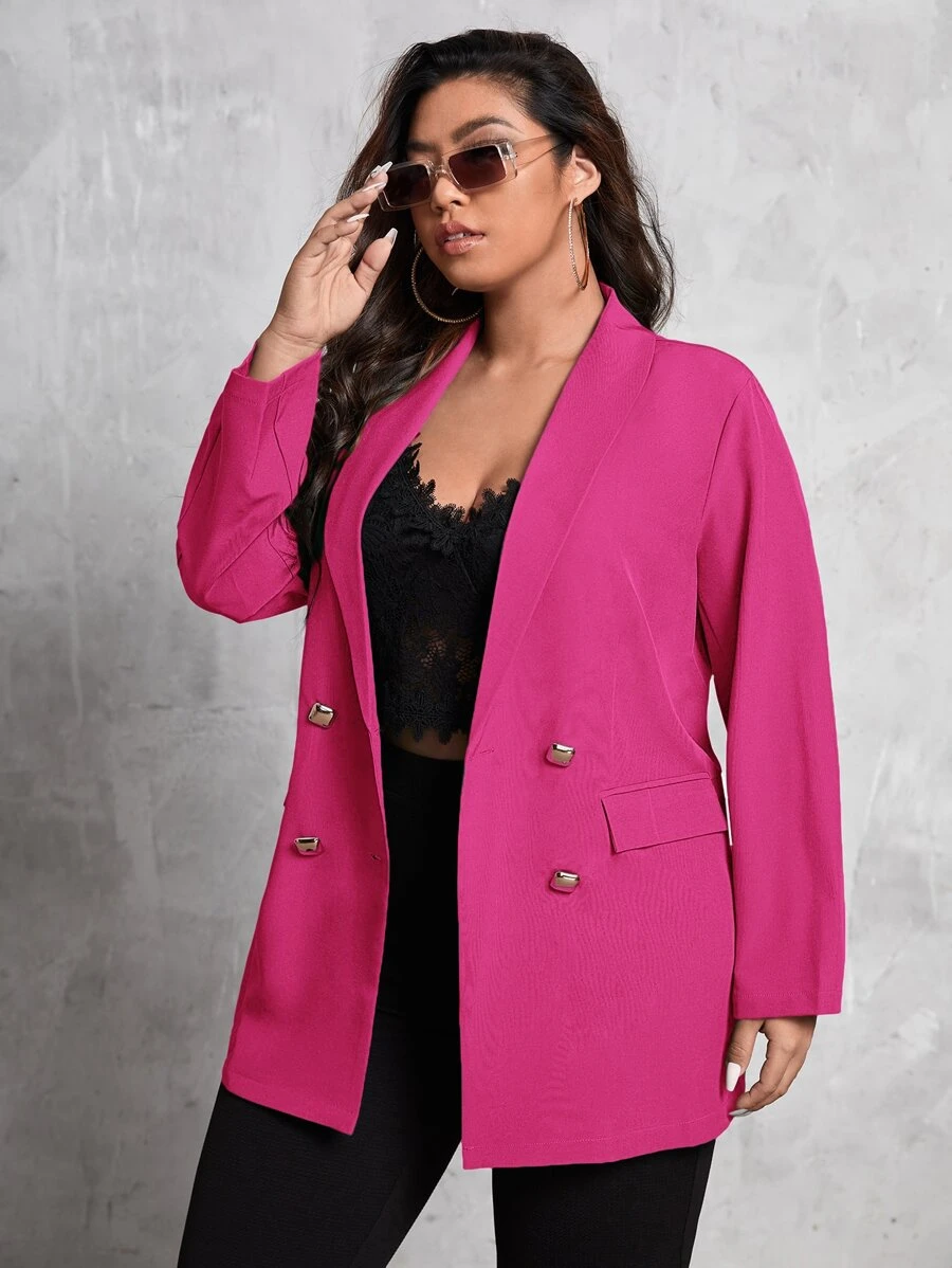 SHEIN Clasi Plus Shawl Collar Flap Pocket Double Breasted Blazer - Hot Pink - View 1