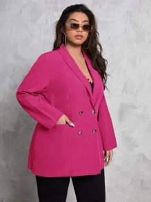 SHEIN Clasi Plus Shawl Collar Flap Pocket Double Breasted Blazer - Hot Pink - View 4