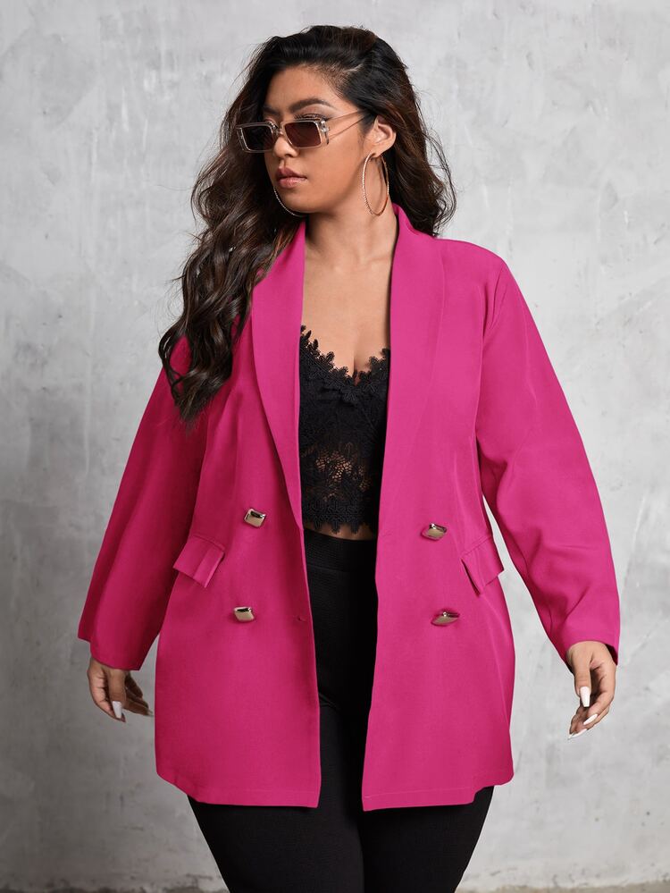 SHEIN Clasi Plus Shawl Collar Flap Pocket Double Breasted Blazer - Hot Pink - View 5
