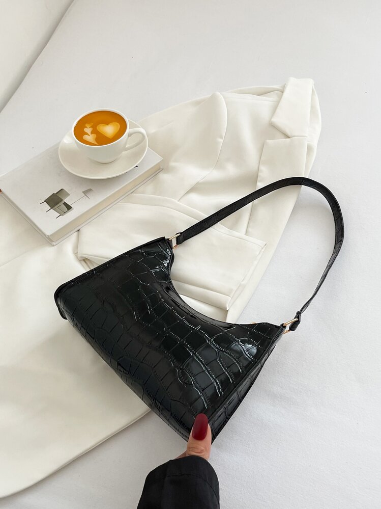 Bolso Baguette con relieve de cocodrilo 2023 Nueva moda y popular bolso cuadrado pequeño con textura de superficie suave bolso de hombro bolsos 2023 bolsos de mujer bolso - Negro - Añade 1
