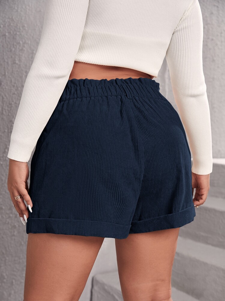 SHEIN EZwear 加褶斜口袋灯芯绒短裤，适合冬季 - 藏蓝色 - 查看 2