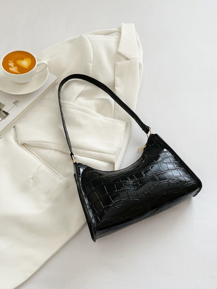 Bolso Baguette con relieve de cocodrilo 2023 Nueva moda y popular bolso cuadrado pequeño con textura de superficie suave bolso de hombro bolsos 2023 bolsos de mujer bolso - Negro - Añade 2