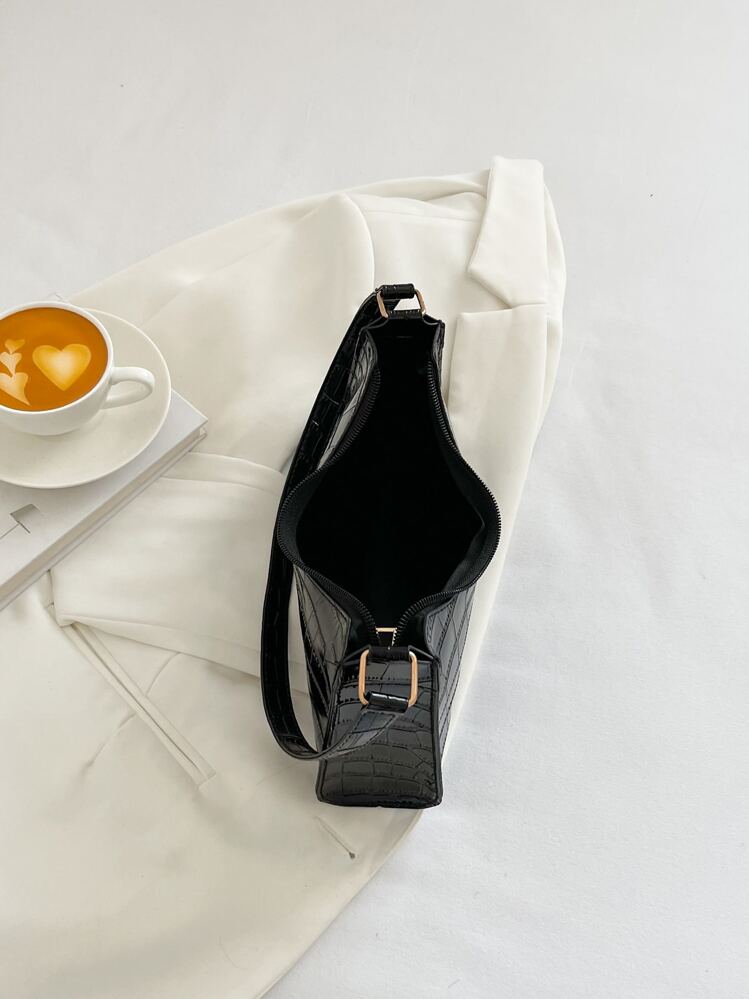 Bolso Baguette con relieve de cocodrilo 2023 Nueva moda y popular bolso cuadrado pequeño con textura de superficie suave bolso de hombro bolsos 2023 bolsos de mujer bolso - Negro - Añade 3