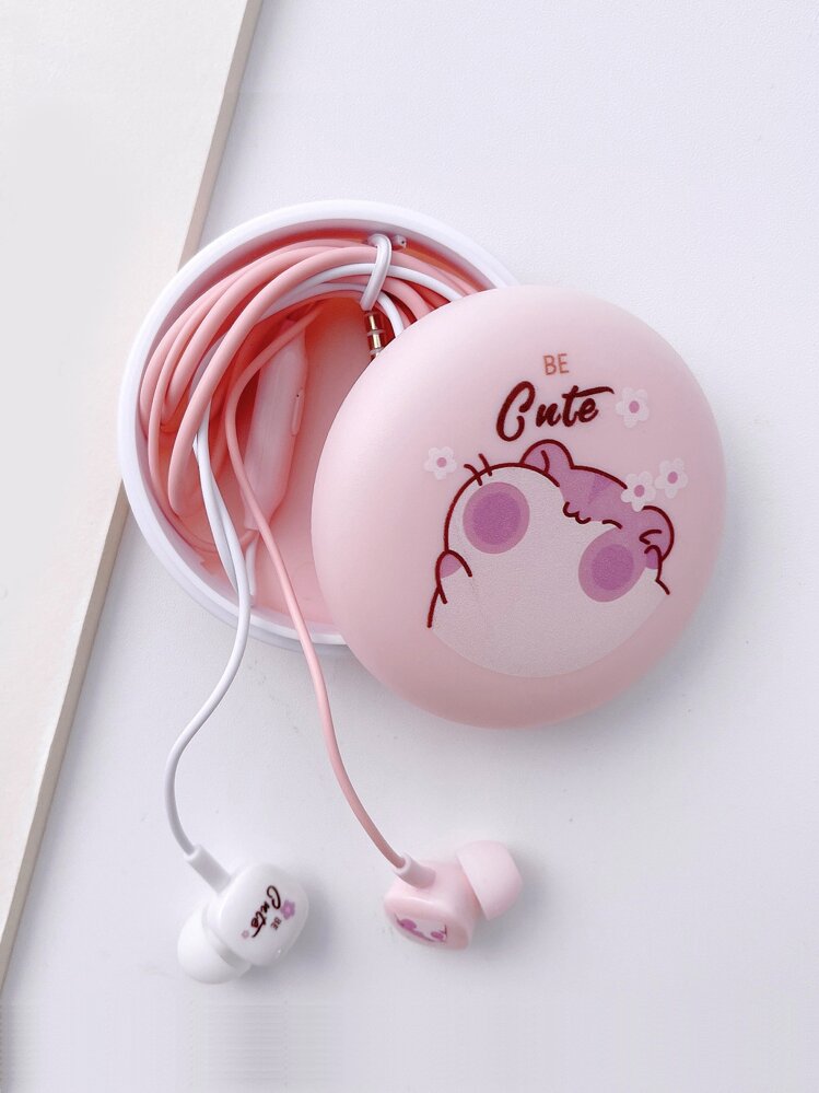 粉色卡通风格耳机，带收纳盒，3.5 毫米音频插孔 - 粉色 - 查看 1