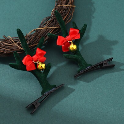 2pcs Christmas Antler & Bow Decor Alligator Hair Clip