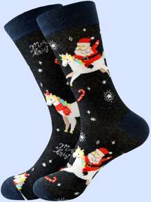 1對男士歡樂聖誕騎乘聖誕老人中筒襪 - 彩色 - 查看 1