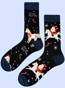 1對男士歡樂聖誕騎乘聖誕老人中筒襪 - 彩色 - 查看 2