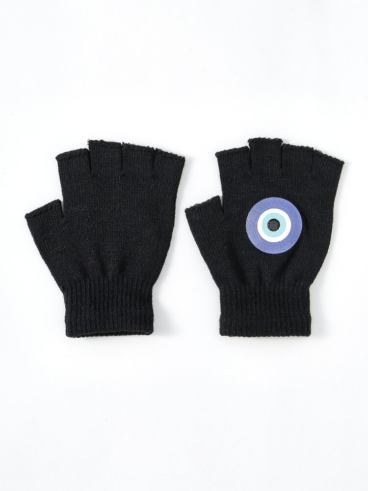 Evil Eye Detail Fingerless Gloves - Black - View 3