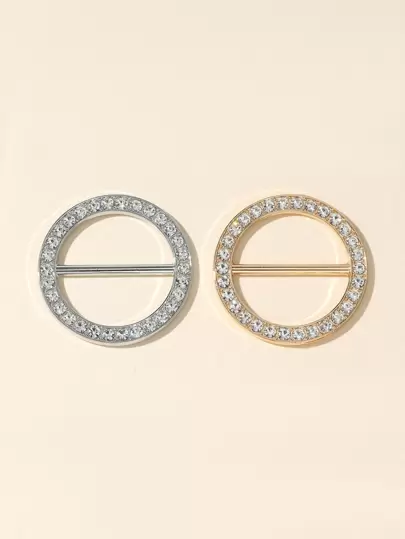 2 件装女士锌合金圆形水钻镶嵌腰带配日式字符扣，适用于旅行和通勤配饰女士时尚胸针