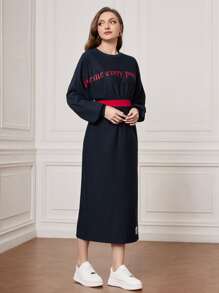 Mulvari 標語圖案燈籠袖衛衣連衣裙 - 藏蓝色 - 查看 5