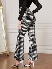 Modelyn High Waist Houndstooth Flare Leg Trousers - Black and White - View 2