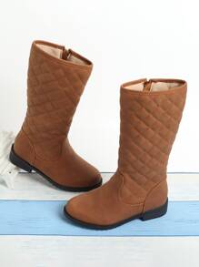 Girls Quilted Detail Side Zip Combat Boots - Brown - View 1